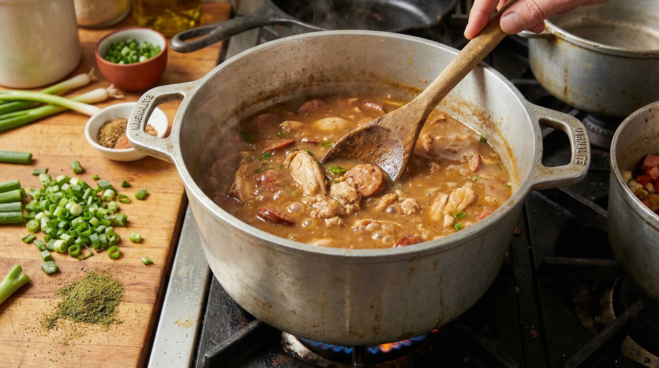 Louisiana gumbo cooking in Magnalite pot authentic Cajun roux recipe cast aluminum cookware