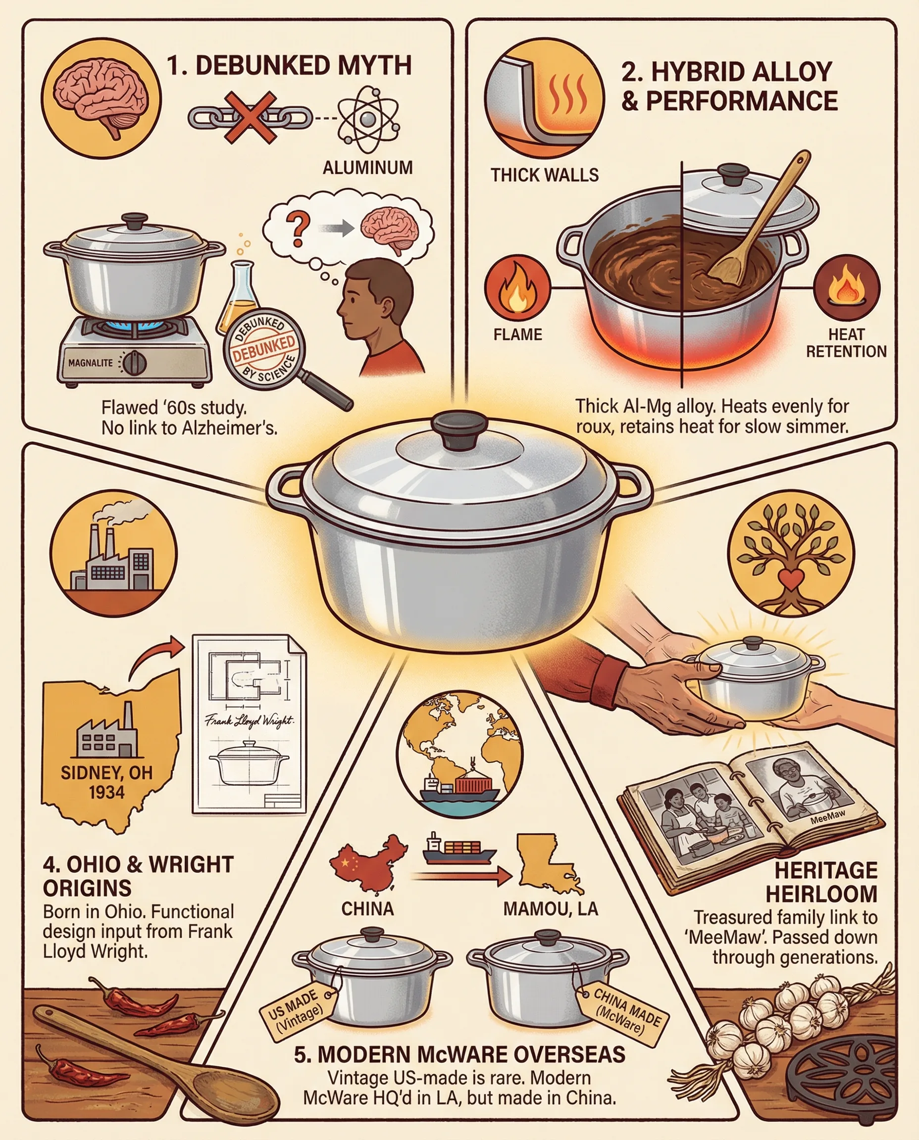Magnalite cookware history infographic Alzheimer myth debunked Wagner Ohio Frank Lloyd Wright Cajun heritage